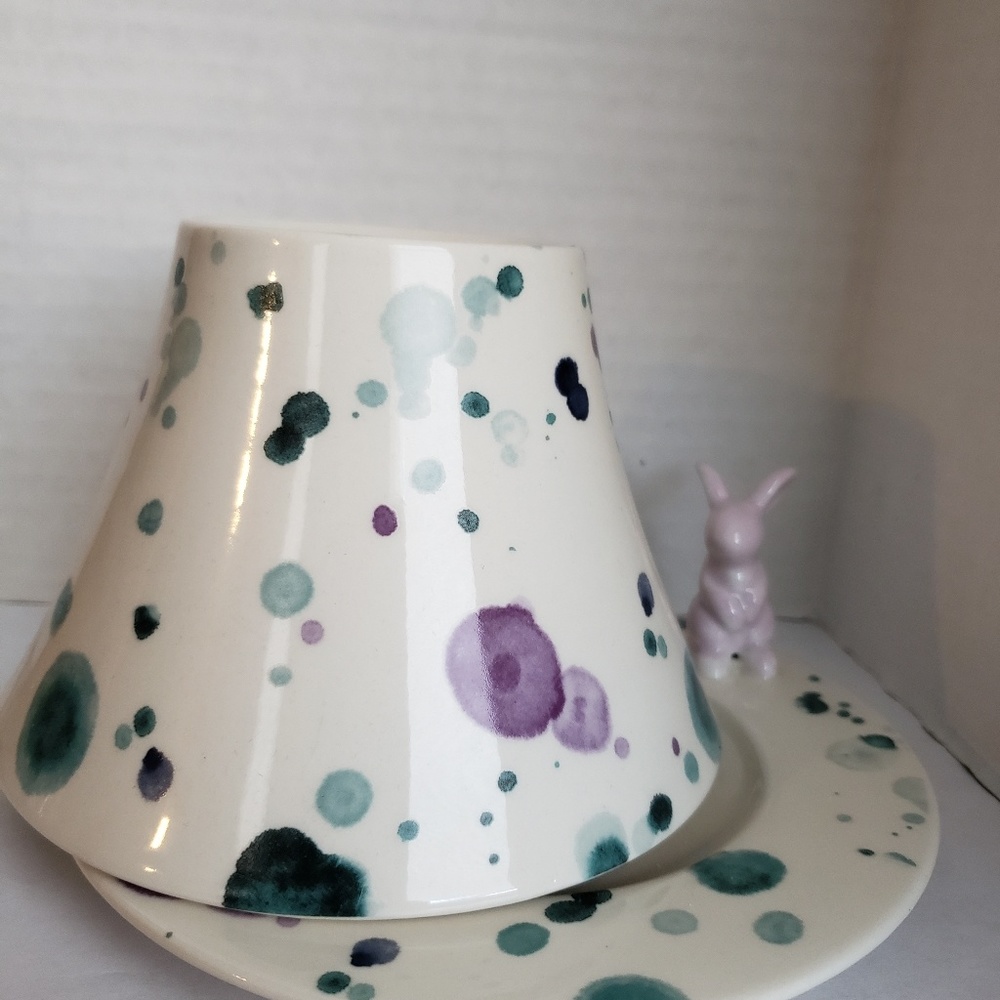 YANKEE CANDLE TEAL / PURPLE BUNNY CANDLE SHADE AND PLATE